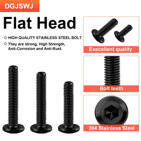 Top Drawer High Quality M6 X 25MM Flat Head Hex Socket Cap Screws 304 Stainless Steel Black Oxide Bolt Set showing four bolts.