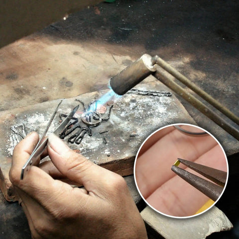 Using Gold-Plated Alloy Solder Chips 1x1mm, 0.5g Pack (About 200 Pieces) With 2% Gold for jewelry repair with a torch and tweezer