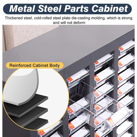 Heavy Duty Parts Organizer Cabinet Tough As Nails Steel Storage Bin For Real Deal Shop And Garage Solid Tool Chest showing the reinforced body and drawers.