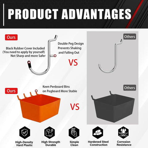 Comparison graphic of Premium Pegboard Hooks Assortment Kit With 278 Pieces And Bins against other hooks, showing design and material features.