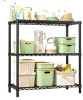 Beefy 3 Tier Wire Shelving Unit With 1200 Lbs Total Capacity And 400 Lbs Per Shelf loaded with kitchen items