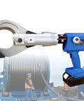 Copper and Aluminum Armored Cable Cutter with Electric Hydraulic Cutting Tool in front of cable spool