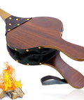 Top Shelf Wooden Fireplace Bellows With Heavy Leather Strap Brown Air Blower Pump For Campfires Barbecue side view with handle and fire