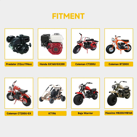 Image showing fitment options for PWK 24mm Carburetor Throttle Assembly For Predator 212cc 196cc 200cc 224cc engines and various mini bikes.