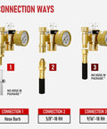 Amazon RX WELD argon regulator flowmeter with brass fittings and gauge; three connection options shown.
