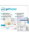 At Home Water Testing Kit For Drinking Water Quality With 15 Plus Parameters box, strips, and color chart visible