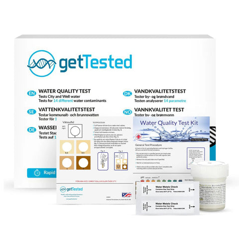 At Home Water Testing Kit For Drinking Water Quality With 15 Plus Parameters box, strips, and color chart visible