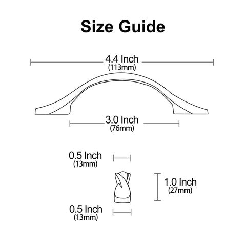 Size guide for 10 Pack Brushed Satin Nickel Cabinet Pulls With 3 Inch Hole Centers Arch Twisted Design, 4.4in length, 1in projection