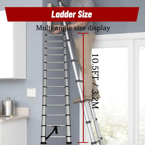 10.5 Foot Telescoping Aluminum Ladder, Folding Go-To Tool, Non Slip Multi-Use Step and Extension Ladder, Inward Sliding Collapsible Design, Easy Open and Close, Compact Storage, Supports Up to 330 Lbs for Home Garage and Outdoors