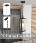 Outdoor Pendant Light Matte Black Adjustable Exterior Hanging Porch Lighting Waterproof Ceiling Mount Lamp With Clear Glass Shade For Front Porch And Entryway ETL Listed, shown on flat and sloped ceilings.