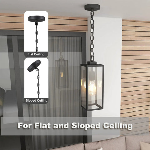 Outdoor Pendant Light Matte Black Adjustable Exterior Hanging Porch Lighting Waterproof Ceiling Mount Lamp With Clear Glass Shade For Front Porch And Entryway ETL Listed, shown on flat and sloped ceilings.
