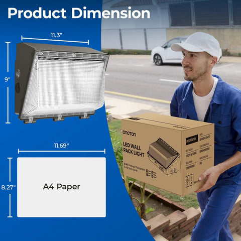Image of a person holding a box of "Switchable 60W 100W And 120W LED Wall Pack With Dusk To Dawn Sensor, 3CCT 3000K 4000K 5000K, 100-277V IP65 Outdoor Security Flood Light For Parking Lots And Warehouses, UL Listed, 8 Pack" with product dimensions overlay.