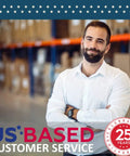Smiling man in warehouse with US-based customer service banner, showcasing 25 years of service, wearing a white shirt.