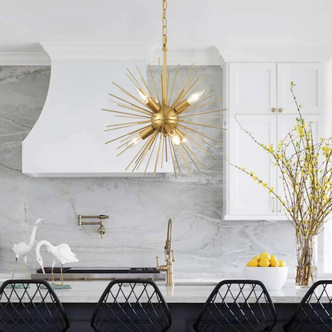 Gold Sputnik Chandelier With Six Lights, Vintage Geometric Pendant Fixture in a kitchen setting above an island.