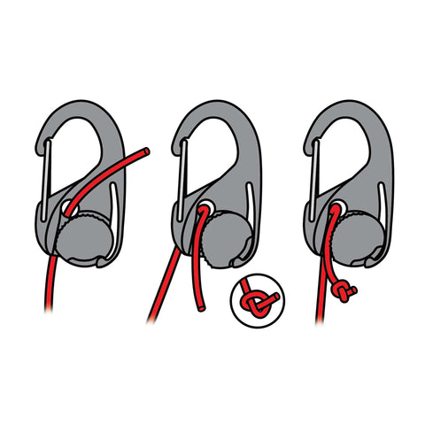 Illustration showing usage of CamJam Cord Tightener with Carabiner Clip for camping, tightening rope using cam mechanism.