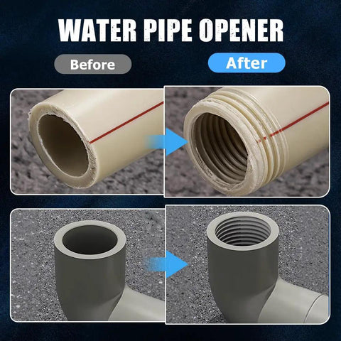 Water Pipe Opener Before and After images showing PVC pipe threading results for precise plumbing repairs.