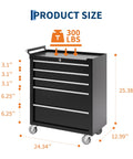 Rolling 5-Drawer Tool Chest With Locking System On Wheels, Portable Tool Cabinet Organizer With Drawer Liners, Heavy-Duty Steel Cart For Garage And Workshop, Black Finish, front view with dimensions listed.