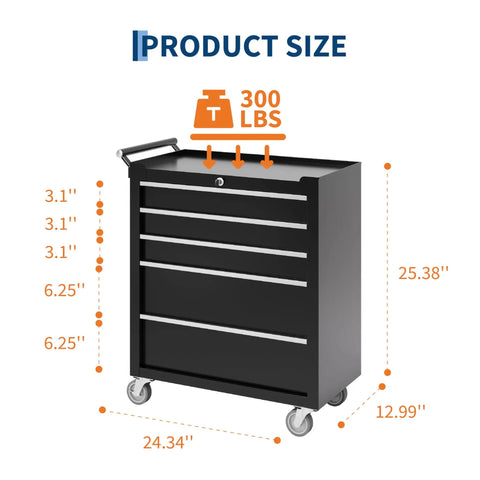 Rolling Tool Chest With 5 Drawers On Wheels, Portable Tool Cabinet With Locking System And Drawer Liners, Heavy Duty Tool Storage Cart For Garage And Workshop, Black, showing dimensions and weight capacity.