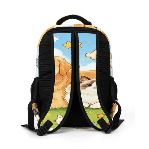 Sunny Grass Pet Duo Printed Unisex Backpack showing back straps and pet design with spacious compartments for travel and school