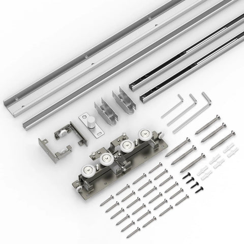 Heavy Duty Hidden Sliding Barn Door Hardware And Track For 30 To 47 Inch Doors, metal components and tools displayed