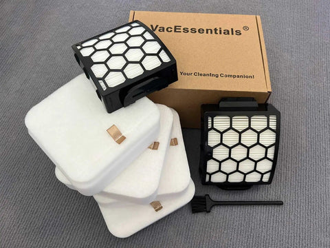 Must Have Filter Replacement For Rotator Lift Away ADV DuoClean PowerFins Upright Vacuum Models LA300 LA301 LA322 LA360 LA401 LA455 LA502 LA555 LA702 Part XFFK320 And XHF320 Includes Two HEPA And Four Foam Felt Filters, showing VacEssentials box with HEPA and foam felt filters