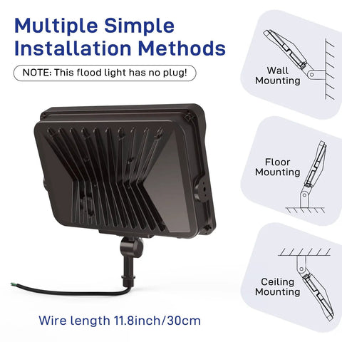Beast 100W LED Flood Light with Knuckle Mount 11000 Lumens 5000K Outdoor Lighting showing installation methods.