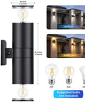 Dusk To Dawn Outdoor Wall Light With Up And Down Sconces Waterproof Anti Rust Cylinder Black Go To Exterior Wall Mount Porch Patio House Entryway Lighting 2 Pack with bulb options and size details.
