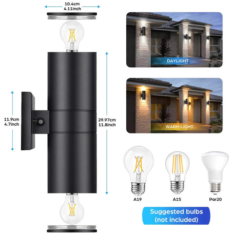 Dusk To Dawn Outdoor Wall Light With Up And Down Sconces Waterproof Anti Rust Cylinder Black Go To Exterior Wall Mount Porch Patio House Entryway Lighting 2 Pack with bulb options and size details.