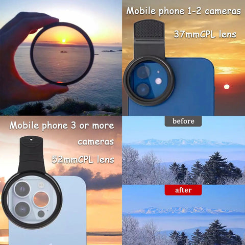 Clip On CPL Polarized 37mm Phone Camera Lens With HD Optical Glass Anti Glare For IPhone Samsung And Most Phones Enhances Colors Deepens Blues Boosts Saturation For Pro Style Photography shown in use with different phones and lenses, before and after effects visible on landscape images.