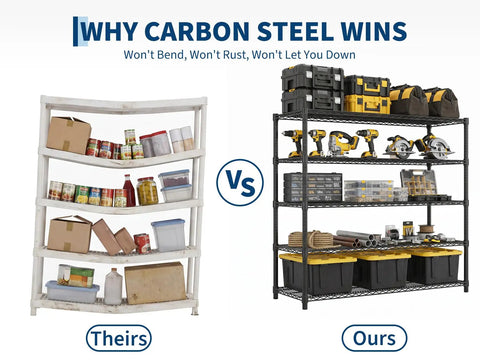 Heavy Duty Wire Shelving Rack With Five Tier Carbon Steel Build And 640 Pound Load Rating That Really Knocks The Clutter Out Of The Park For Your Home Or Garage, contrasting with a plastic shelf.