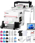 A3 DTF Printer With XP600 Head And White Ink Mixing, Heavy Duty Tshirt Transfer Machine With Powder Shaker, Laptop Bundle on table.
