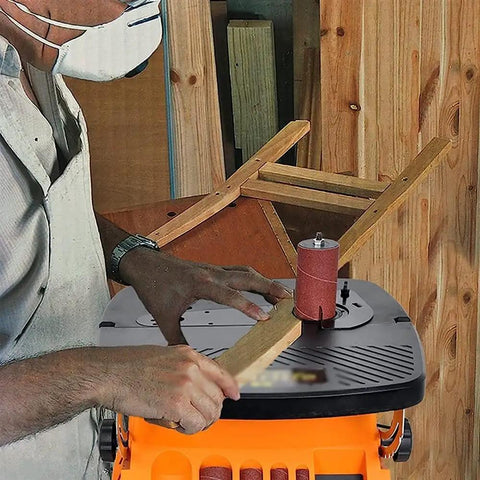 Heavy Duty Rugged 450W Electric Disc Sander And Belt Grinder With Broad Multi Angle Table in use for wood shaping.
