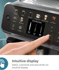 Premium Fully Automatic Espresso Maker With LatteGo Milk Frother And 20 Drink Recipes Featuring touchscreen display for drink selection.