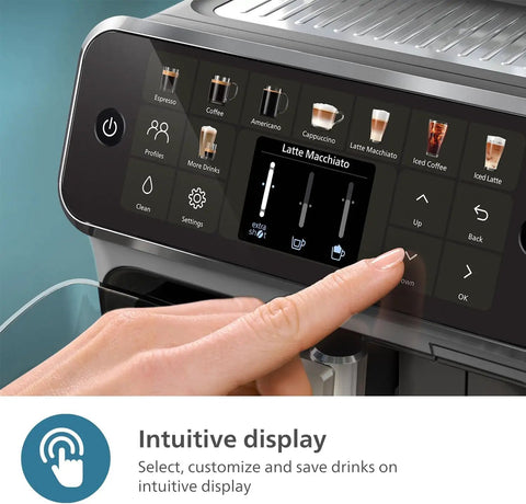Premium Fully Automatic Espresso Maker With LatteGo Milk Frother And 20 Drink Recipes Featuring touchscreen display for drink selection.