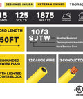 10 Gauge 50 Foot Heavy Duty Outdoor Extension Cord With 3 Outlets 15 Amp SJTW Weatherproof Industrial Cable Yellow features