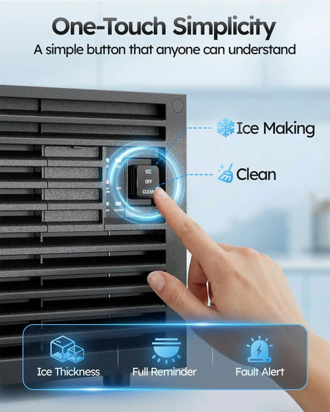 Heavy Duty Commercial Ice Maker Cranks Out 100 Lbs Crystal Clear Ice Daily control panel with simple button for ice making and cleaning.