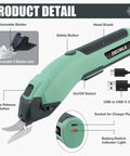 Lightweight Cordless 4V Electric Shears that slice fabric and cardboard like butter, showing safety button, blade release, and USB port.