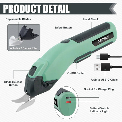 Lightweight Cordless 4V Electric Shears that slice fabric and cardboard like butter, showing safety button, blade release, and USB port.