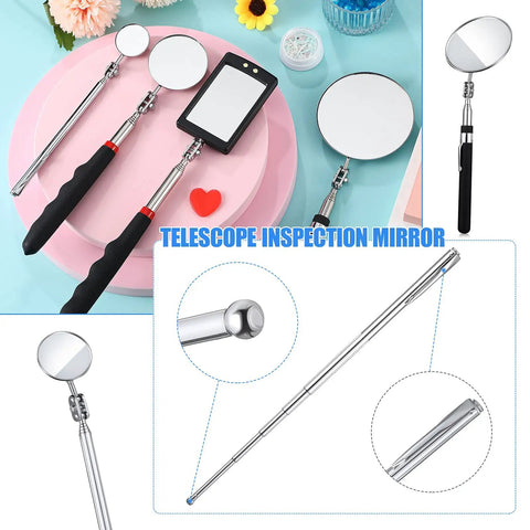 Telescoping Inspection Mirror Set With LED Light For Cars And Small Parts, flexible reach, pocket clip, durable metal frame