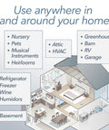 HT1 SensorPush home temperature and humidity sensor infographic showing use cases around house, RV, fridge, basement