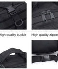 Close-up details of Black Outdoor Backpack For Men 40L Rucksack with waterproof Oxford fabric showing buckle and zipper.