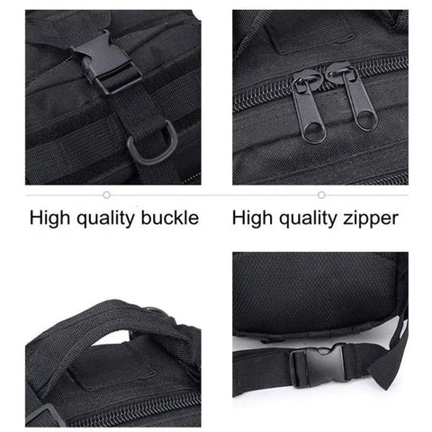 Close-up details of Black Outdoor Backpack For Men 40L Rucksack with waterproof Oxford fabric showing buckle and zipper.