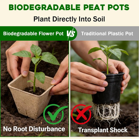 Hands comparing biodegradable peat pot with plastic pot for seedlings, promoting 5 Pack Seed Starter Trays With 90 Square Peat Pots.