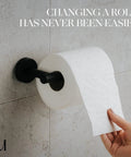 Matte Black Bathroom Hardware Set Two Piece With Wall Mount Hand Towel Holder And Toilet Paper Holder Stainless Steel 304 Finish Durable Rust Resistant Towel Rack Set For Bathroom displayed on tiled wall