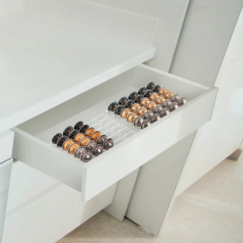 Coffee Pod Drawer Organizer For Nespresso VertuoLine Holds 30 Pods Drawer Insert in open kitchen cabinet.