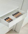 Two Pack Coffee Pod Holder Tray For Vertuoline Capsules in drawer, 60 pod capacity, clear acrylic countertop caddy visible, neat setup
