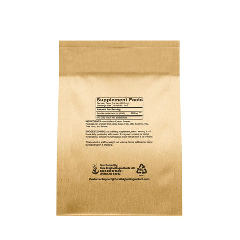 Back of Aronia Berry Powder 8 Oz Pure Single Ingredient Fruit Supplement Extract No Additives or Fillers Great for Smoothies Juices and Everyday Wellness Boost packaging showing supplement facts.