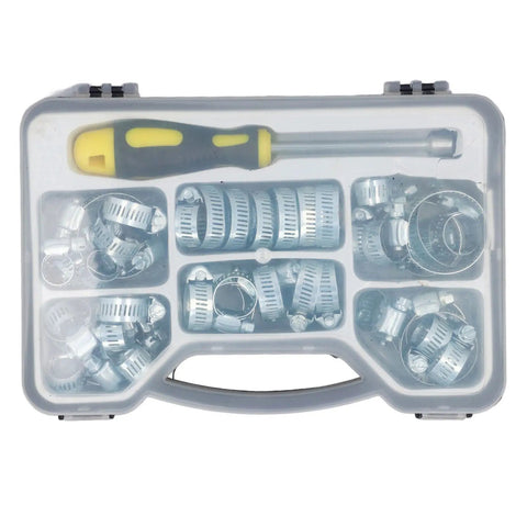 All In One Hose Clamp Kit 49 Pcs Adjustable Clamps 13 To 44 mm With 8 mm Hex Screwdriver Galvanized Carbon Steel in case