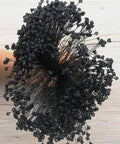No Fancy Tools Needed Five Inch Black Plastic Hang Tag Fasteners One Thousand Pack in hand with multiple black security pins.