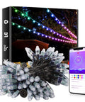 Lit Dream Color Outdoor LED String Lights 39 Ft 100 LEDs Waterproof App Controlled Color Changing Fairy Lights displayed in package with mobile app view.